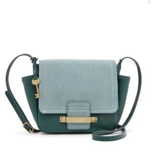 Fossil Ava Crossbody Bag Green Leather Suede Flap Key Lock Small EUC